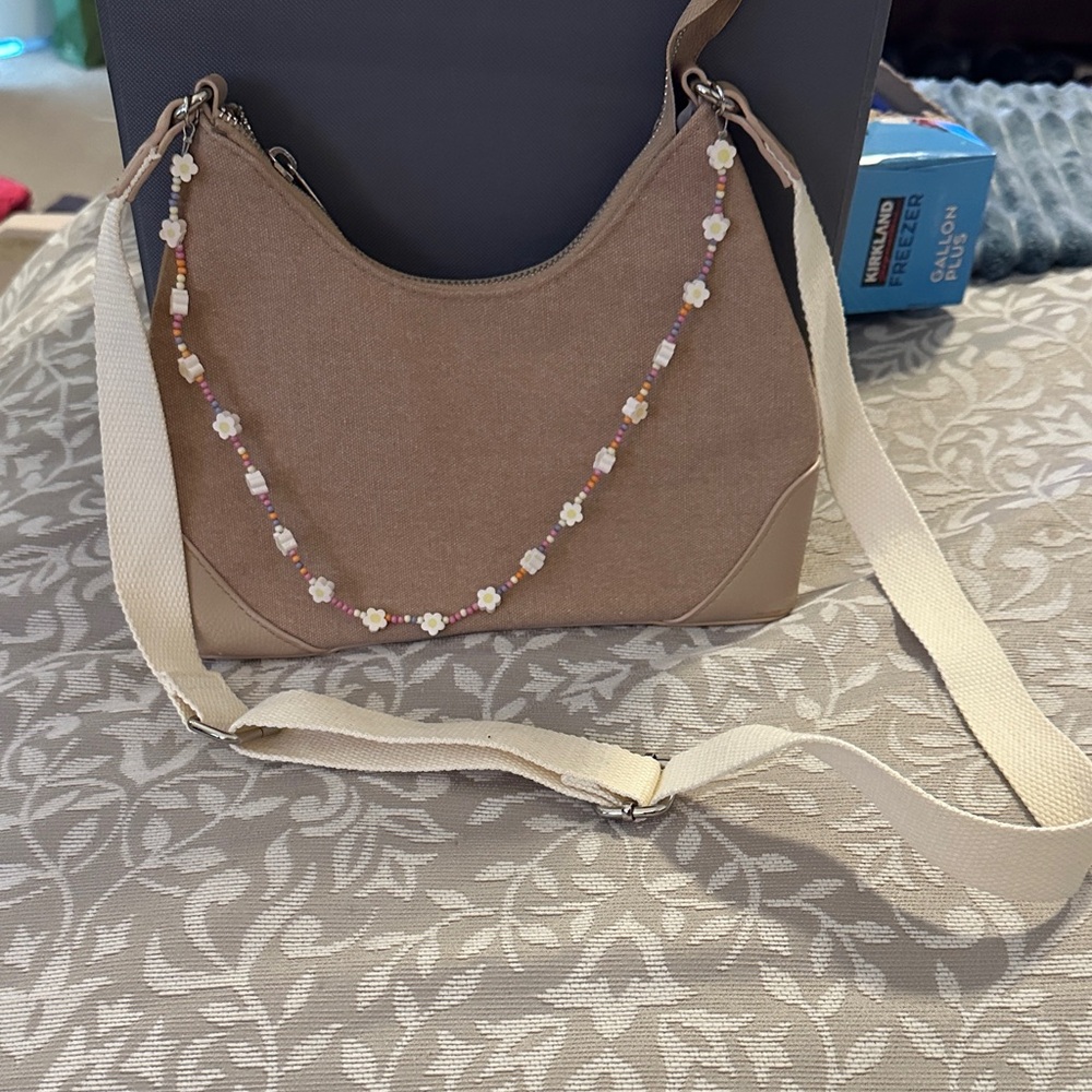 wild fable Taupe Shoulder Bag with Cream Crossbody Strap and Beaded Daisy Accent